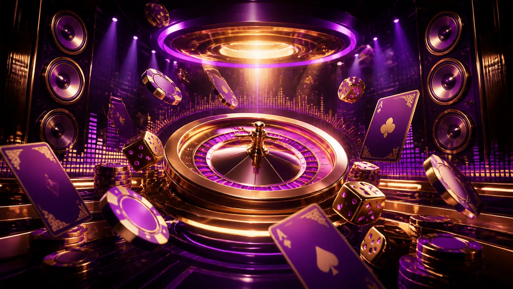 Cinematic casino-themed banner featuring poker chips, playing cards, and roulette wheel with dramatic spot lighting.